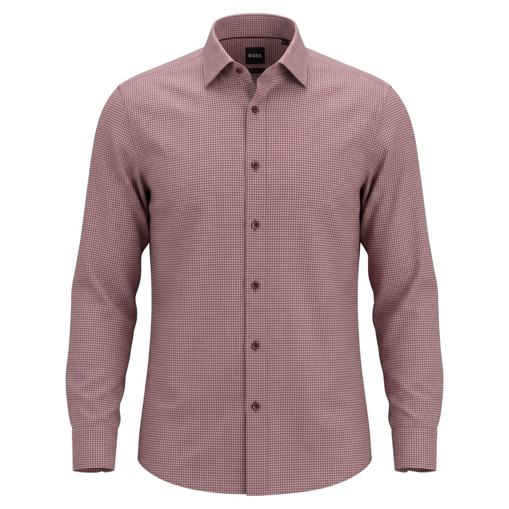 Hugo Boss Mens Slim Fit Stretch Geometric Micro Print Dress Shirt Burgundy M 40